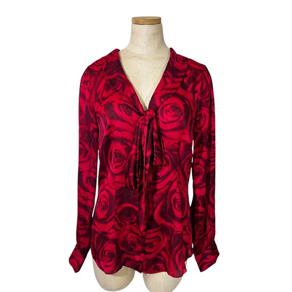 WHBM women's blouse 8 red rose print button down long sleeve top satin feel NWT - Picture 1 of 9